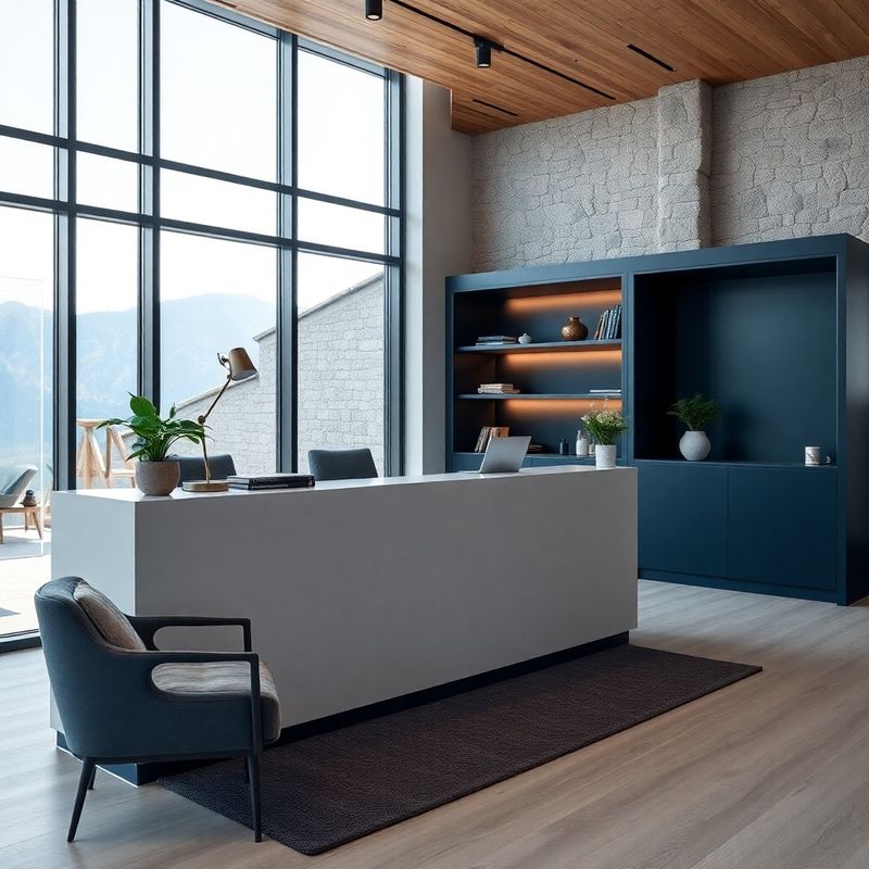 Minimalistična sprejemna miza v boutique svetovalnici z indigo poudarki